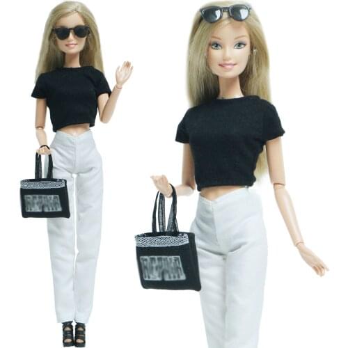 BJDBUS Fashion Doll Outfit for Barbid Doll T-shirt Trousers Cloth Handbag High Heels Sandals Cool Sun Glasses Clothes Kids Toy