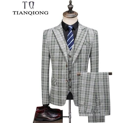 Jacket Vest Pants Suits Men British Latest Coat Pant Designs Slim Fit Blue Plaid Wedding Dress Tuxedos Work Office Dress Suits