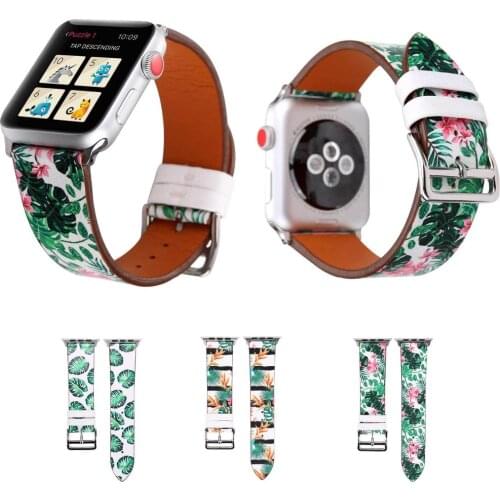 Flamingo Floral Genuine Leather Strap for Apple Watch Band 38mm 42mm Flower Prints Leaves Bracelet for iWatch Series 1 2 3 Bands