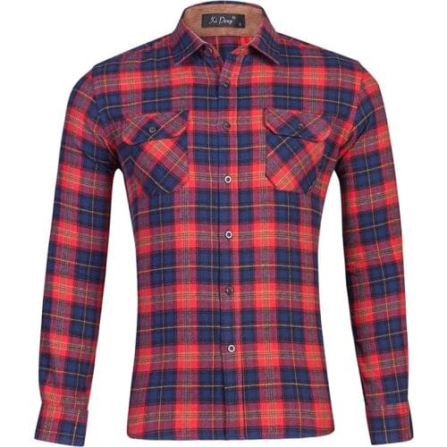 Flannel Plaid Shirts for Men 100% Cotton Checkered Casual Long Sleeve Warm Winter Shirt 2 Pocket Male Clothing Ware EU US Size