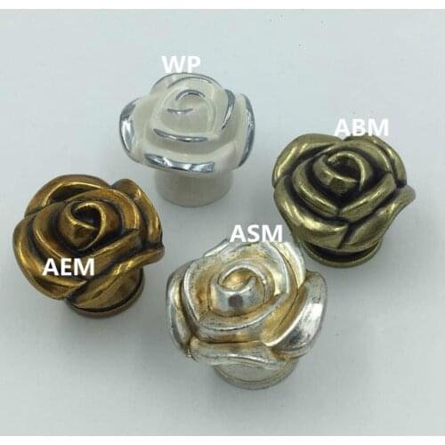 Retro Creative rose furniture knobs antique silver drawer cabinet knobs pulls white gold bronze kitchen cabinet dresser handles