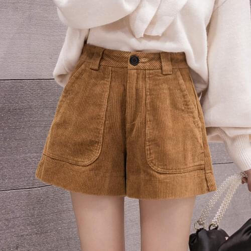 Fashion Corduroy Shorts Women Autumn Pockets Loose Casual Shorts Female Khaki Black Wide Leg Corduroy Ladies Biker Shorts C7677