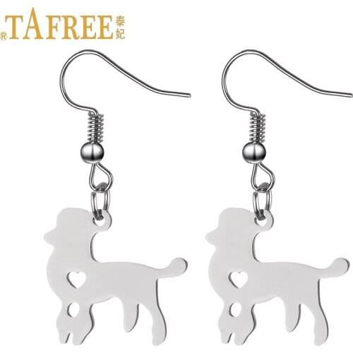 TAFREE mini cute dog pendant drop earrings stainless steel Germany Poodle love dog women dangle earrings party jewelry SKU06
