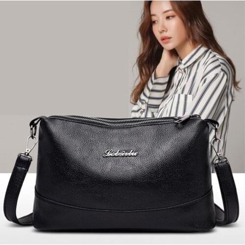 Vintage Black Shoulder Bag Female Double Pocket Crossbody Bag Soft PU Leather Messenger Handbag Simple Mommy Phone Purse Bolsas