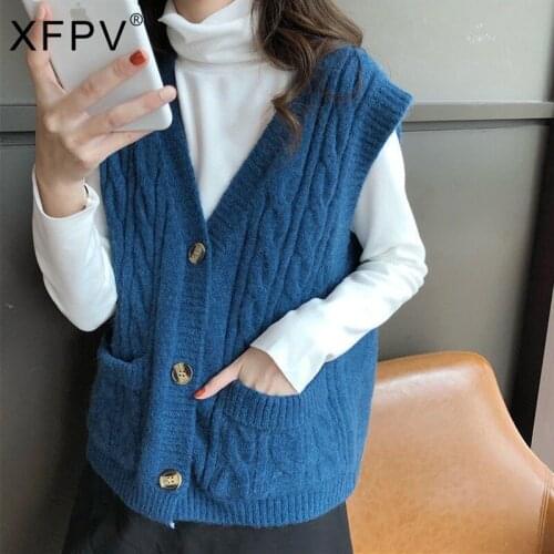 XFPV 2021 Autumn New Fashion Tide Long Sleeve Casual Knitted Vest Sweater Vest Sleeveless Cardigan Loose Vest Womens Coat SL981