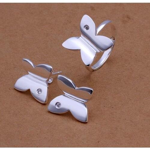 Hot selling 925 jewelry silver plated jewelry set fashion jewelry set Smooth Butterfly Earring&Ring Jewelry Set SMTS350