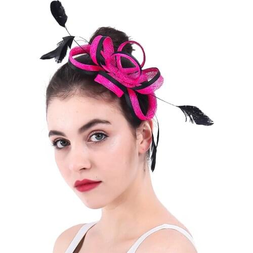 Bride Hot Pink Sinamay Headwear Elegant Wedding Fashion Fascinator Accessories Cocktail Race Headdress With Feather Hair Pins