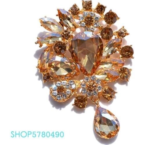 Gold Color Rhistone Large Elegant Brooch for Women Bridal Brooch Crystal Pin Champagne Garments Accessories Lady Fashion Jewelry