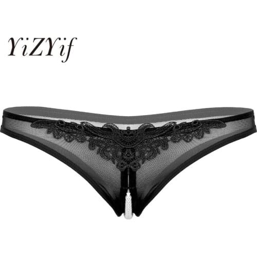 Womens Exotic Panties With Pearls Sheer Mesh Sexy Lingerie Crotchless with Artificial Pearls Cheeky G-string Thong Underwear