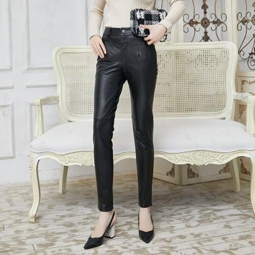 Womens Leather Pants Spring Autumn Sheepskin Slim Pants OL Black Pencil Pants Lady High Waist Show Thin Leather Pants
