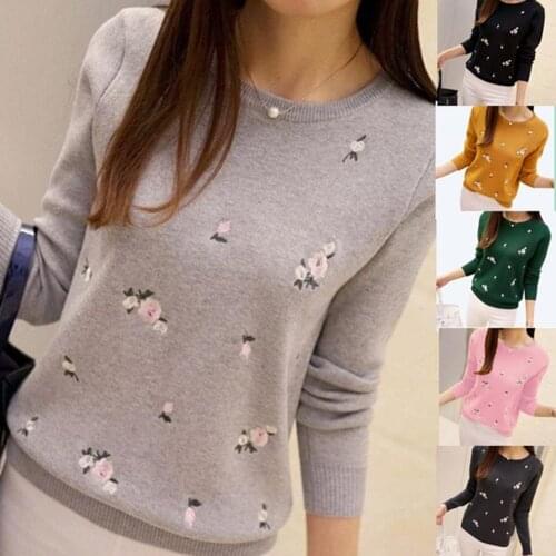 Women Fashion Floral Embroidery O Neck Pullover Knitted Jumper Sweater