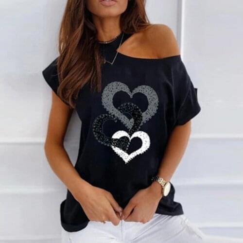 Women 5XL Black Casual Harajuku Pullover Short Sleeve Top 3D Printing Love Round Neck Strapless Summer Female T-shirt Street Tee
