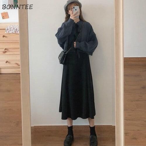 Women Sets Lace Up Elegant Sweet Girls Batwing Sleeve Knitted Tops High Waist A-line Mid-calf dress College Style Trendy Casual
