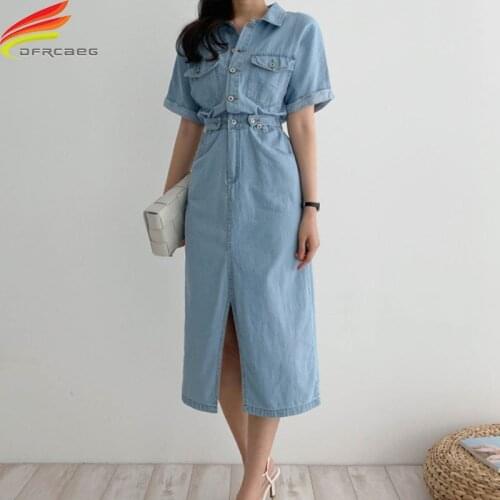 New 2020 Women Denim Shirt Dress Summer Casual Vintage Single Breasted Backless Loose Split Blue Long Denim Dresses Women