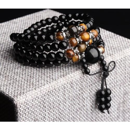 108 Obsidian Beads Bracelet Black 6mm Tiger-eye Buddhist Prayer Meditation Beads Bracelet & Necklace Gift