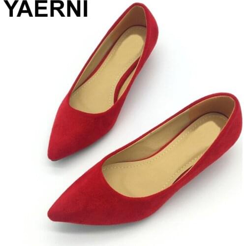 YAERNINew Brand Spring Autumn Womens Low Heel Pumps Flock Pointed Toe Shallow Slip-On Ladies Footwear Single ShoesZapatos Mujer