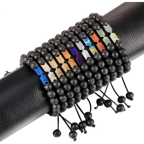 Lava Beads Men Bracelets Hematite Arrow Essential Oil Diffuser Natural Volcanic Stone Adjustable Stretch Bracelet&Bangle Jewelry