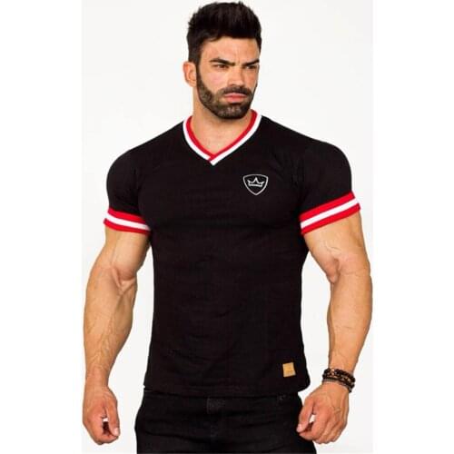 European American Style Muscle Mens Short Sleeve T Shirts Summer Breathable Spell Color T-Shirts V-Neck Fitness Sportswear