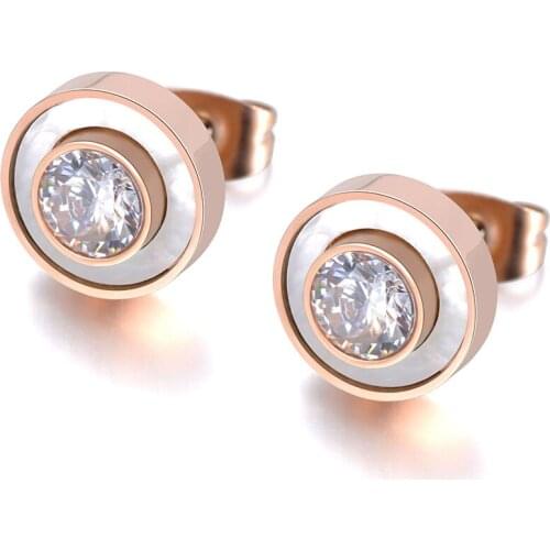 Trendy Stainless Steel White Shell Stud Earrings Jewelry For Women Rose Gold CZ Crystal Anniversary Earrings JE19029