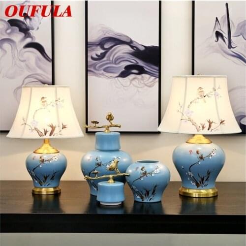 OUFULA Ceramic Table Lamps Blue Luxury Bird Brass Fabric Desk Light Home Decorative for Living Room Dining Room Bedroom