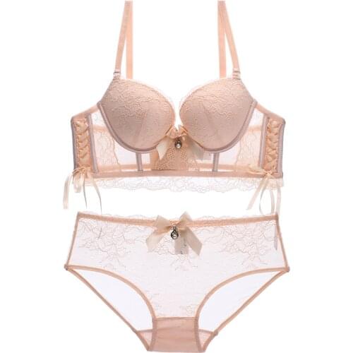 4 breasted side gather lace girls lingerie push up deep V gather Bra Set Thick cotton Sexy Women Underwear 3 Colors Available