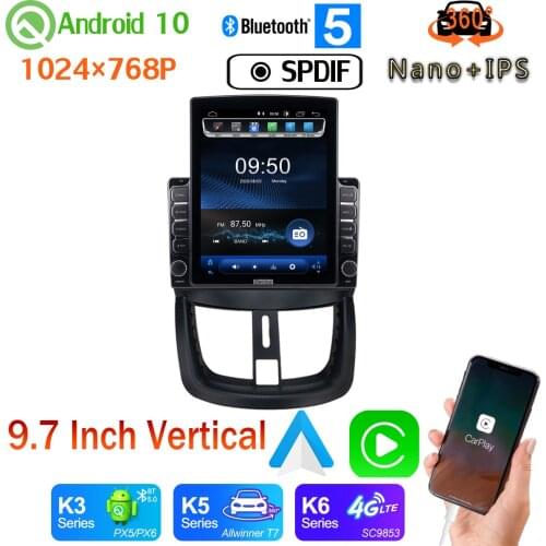 Nano+IPS 360 Panoramic Camera 9.7" Vertical Tesla Android 10.0 Head Unit Car Media Radio GPS PX6 4+64G For Peugeot 207 2006-2015