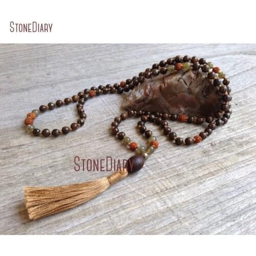 Natural Stone Bronzite Labradorite Rudraksha Lotus Seed 108 Beads Mala Necklace Tassel Yoga Meditation Beads Necklace NM11033