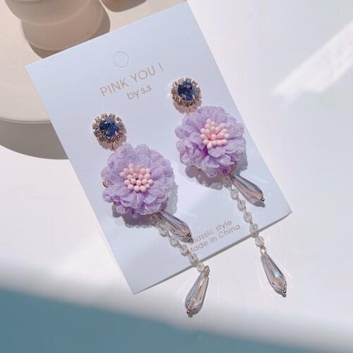 New Korean Sweet Crystal Yarn Embroidery Butterfly Long Drop Earrings for Women Crystal Tassel Earrings
