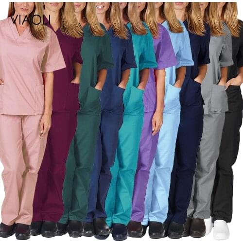 Multi-color scrubs (tops and pants)comfortable/lightweight men and women usable solid color short-sleeved care lab salon set new