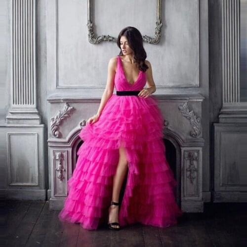 Sexy Slit Tulle Party Dresses V Neck Sleeveless Pleated Ruffles Extra Puffy Women Plus Size Birthday Party Gowns