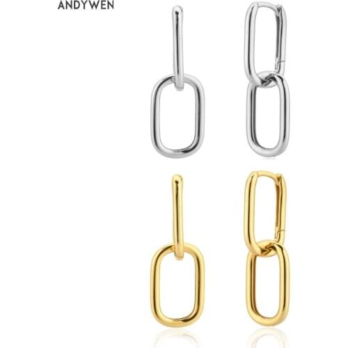 ANDYWEN 925 Sterling Silver 2020 Circle Chain Drop Earring Wedding Fashion Plain Simple 2 Circle Wedding Jewelry Clips