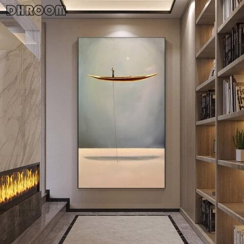 Nordic Modern Natural Landscape Golden Boat Minimalist Artwork Painting Wall Art Pictures for Living Room HD Canvas Home Decor