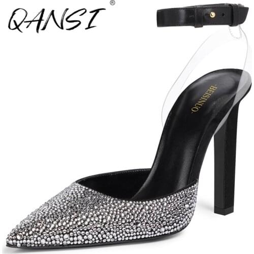 Handmade Autumn Stain Crystal Chain Womens Sling Back Pumps Point Toe Paste Drill High Heels Ankle Strap High Heel Dress Shoes