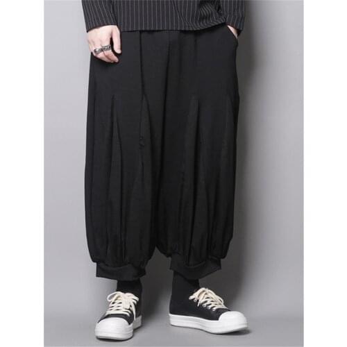 Japanese dark black hip-hop harem pants low-end nine-point pants loose pleated bloomers casual pants wide-leg pants mens trend