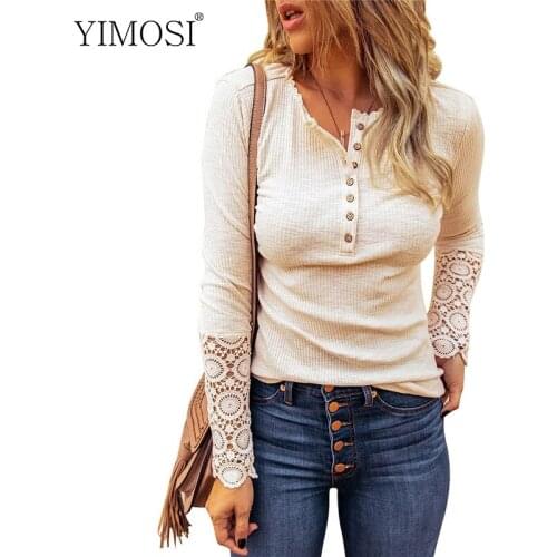 2020 Spring Winter Lace Hollow Out T-Shirts Women White Tee Shirt Casual Buttons O-Neck Long Sleeve Tops Vintage Office Tee