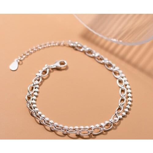 925 Sterling Silver Bracelets On Hand For Women Jewelry Gift Double Layer Flat Beads Oval O Chain Minimalist Casual Sporty