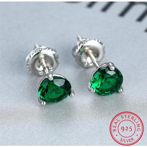 Cute Female 6/7/8mm Natural Emerald Green Stone Earrings Real 925 Sterling Silver Earrings For Women Small Screw Stud Earrings
