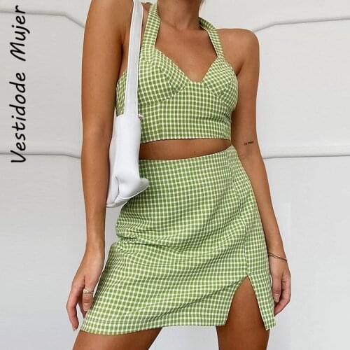 Fashion High Waist Plaid A Line Skirts Sexy Backless Halter Camisole Set Women Summer Matching Club Outfits Set 2021 Partywear