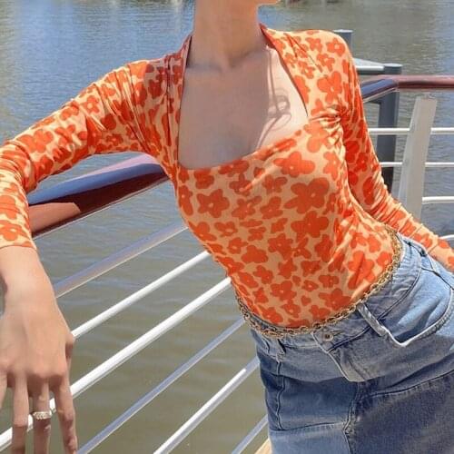 2021 Fashion Sexy Floral Print Orange Pullover Tops Women Long Sleeve Square Collar Slim Fit T-Shirt Holiday Casual Sweet Tee