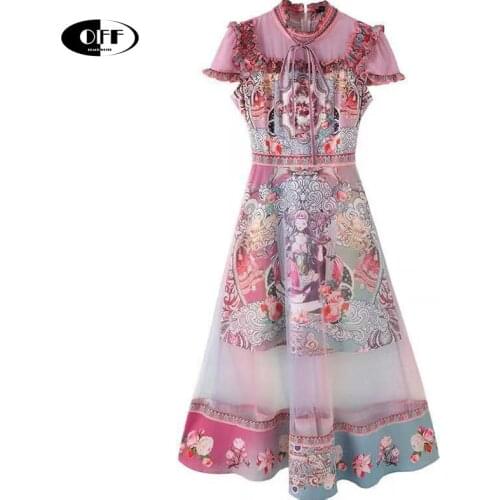 Designer Fashion Midi Long Dress Summer Womens Short Sleeve Vintage Print Ruffles Patchwork Mesh Elegant Party Night Dresses ZA