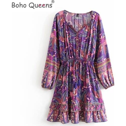 Boho Queens women hippie floral print V-neck Bohemian mini dress ladies long sleeve slestic waist rayon Boho dresses vestidos