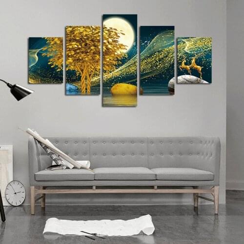 No Framed 5 Pieces Golden Tree Deer Moon Canvas Painting Prints Abstract Wall Decorative Posters Pictures Home Decor Wall Art