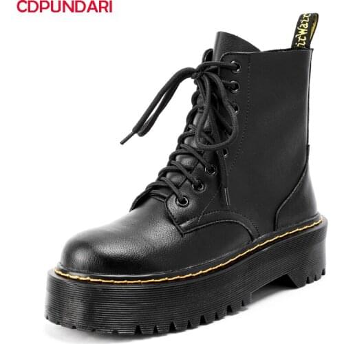 Black White Genuine Leather Ankle Martin Boots Women Flat Platform Short Boots Ladies Spring Autumn Casual Shoes Bottines Femme