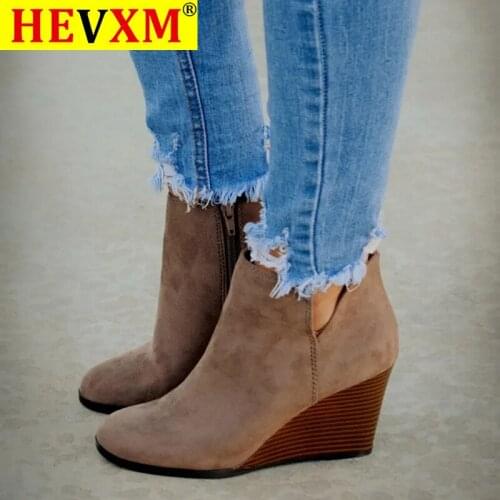 Round head Toe Booties Winter Women Leopard Ankle Boots Lace Up Footwear Platform High Heels Wedges Shoes Woman Bota Feminina