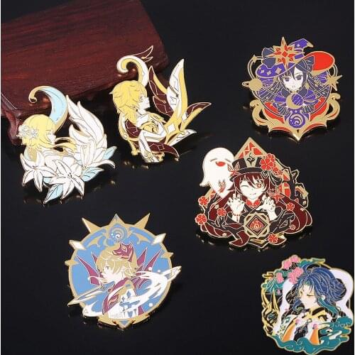 Game Genshin Impact Traveler Lumine Tartaglia Mona Hutao Xiao Cosplay Costume Metal Badge Pin Alloy Brooch Props Halloween Gift