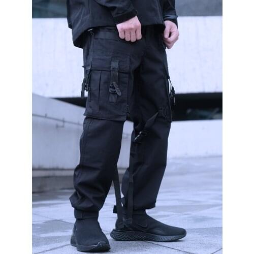 CROXX Techwear Mens Black Ribbon Cargo Pants Ripstop Fabric Hip Hop Punk Fashion