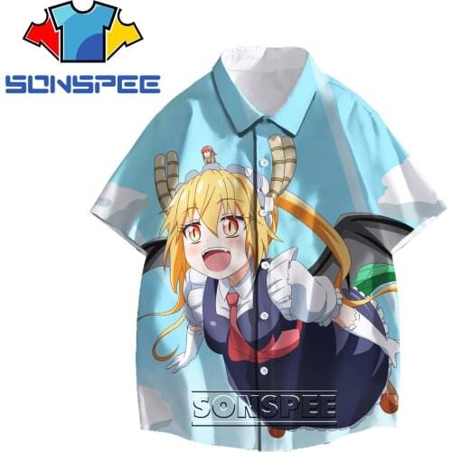 SONSPEE 3D Anime Miss Kobayashis Dragon Maid Printed Shirt Cartoon Cute Japanese Casual Campus Style Oversized Mens Clothing