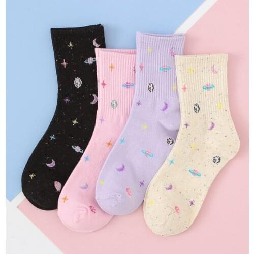 Harajuku Moon Stars Socks Women Funny Socks Cotton Japanese Creative Warm Cute Novelty Casual Streetwear Pink Korean Hot 35-40