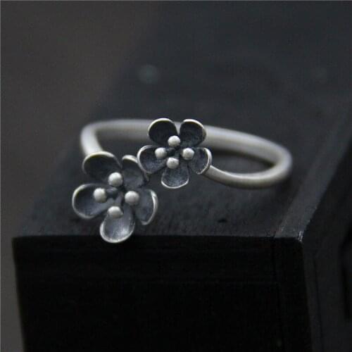 Fine Jewelry S925 Sterling Silver Ring Women Luck Double Flower Band Ring Adjustable Best Gift