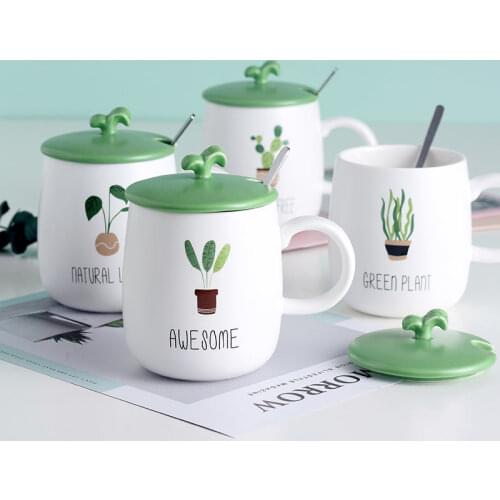 420ml Ceramic Mugs Cartoon Cactus Shark Cat Dog Fruits Mugs with Spoon Lid Milk Coffee Cup Mark Drinkware Novelty Gifts Milk Cup